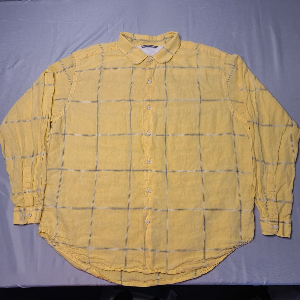 Tommy Bahama Relax Shirt Mens XL Yellow Windowpane Plaid 100% Linen‎ Button Down